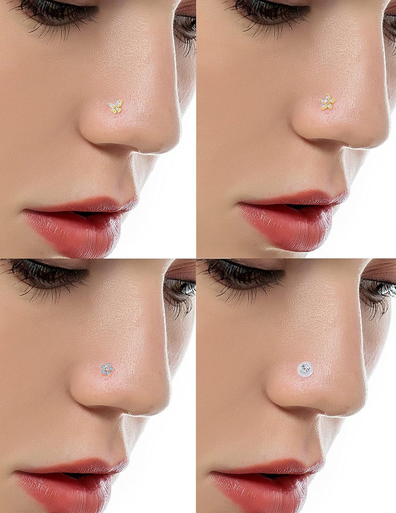 Tornito 9Pcs Nose Rings Stud L Bone Screw Shaped Nose Ring Flower CZ Snowflake Butterfly Screw Nose Stud Body Piercing Jewelry for Women Men 20G Silver Gold Rose Gold Tone - Image 2